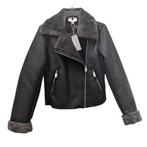Jason Wu Womens Black Fossil Grey Vegan Leather Faux Fur Moto Jacket Size Medium